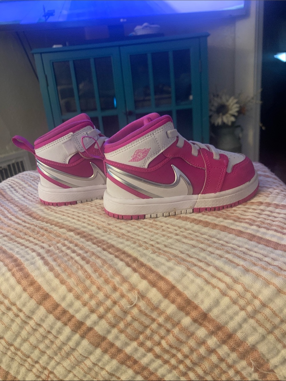 Nike Kids Hot Pink, White & Silver High-Top Sneakers 7c
